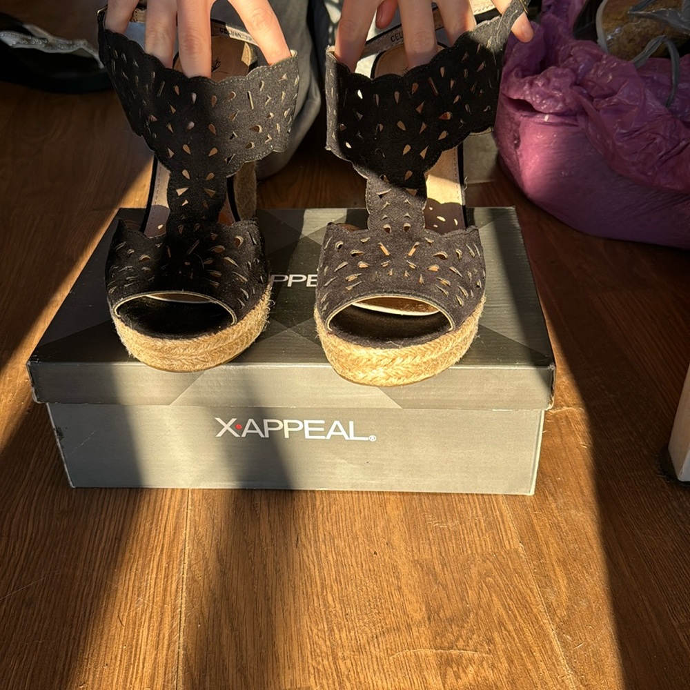 G. C. Shoes, black and tan wedges about 4-5 inch heel.